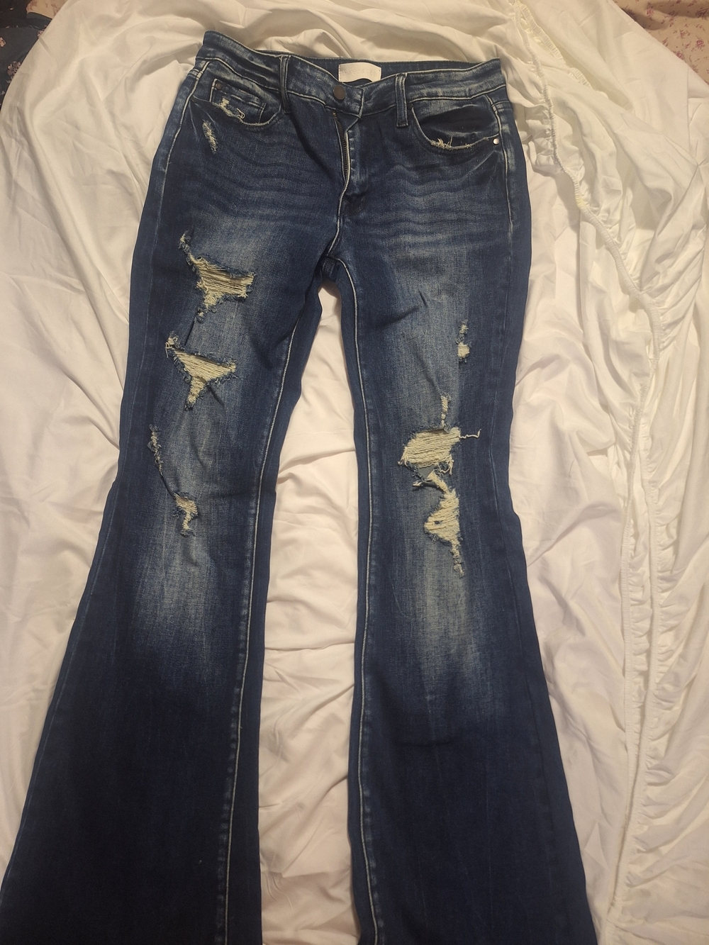Dark Blue Distressed Flare Jeans — Women’s Wide Leg
